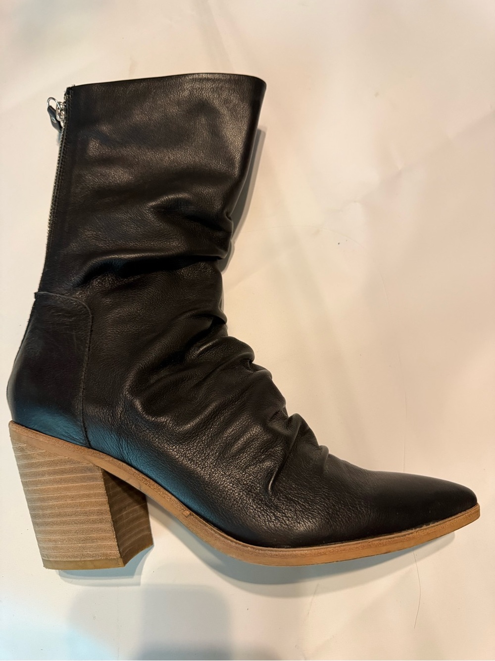 Free People Black Leather Ruched Mid-Calf Block Heel Boot